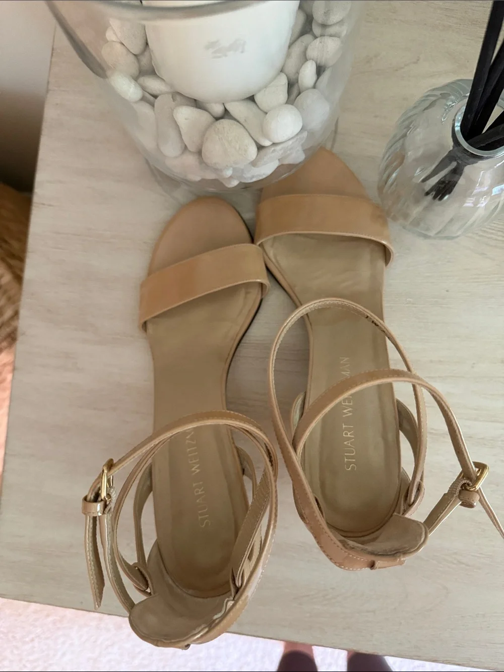 Stuart Weitzman Patent Leather Nude/Tan Ankle-Strap Wedge Sandals